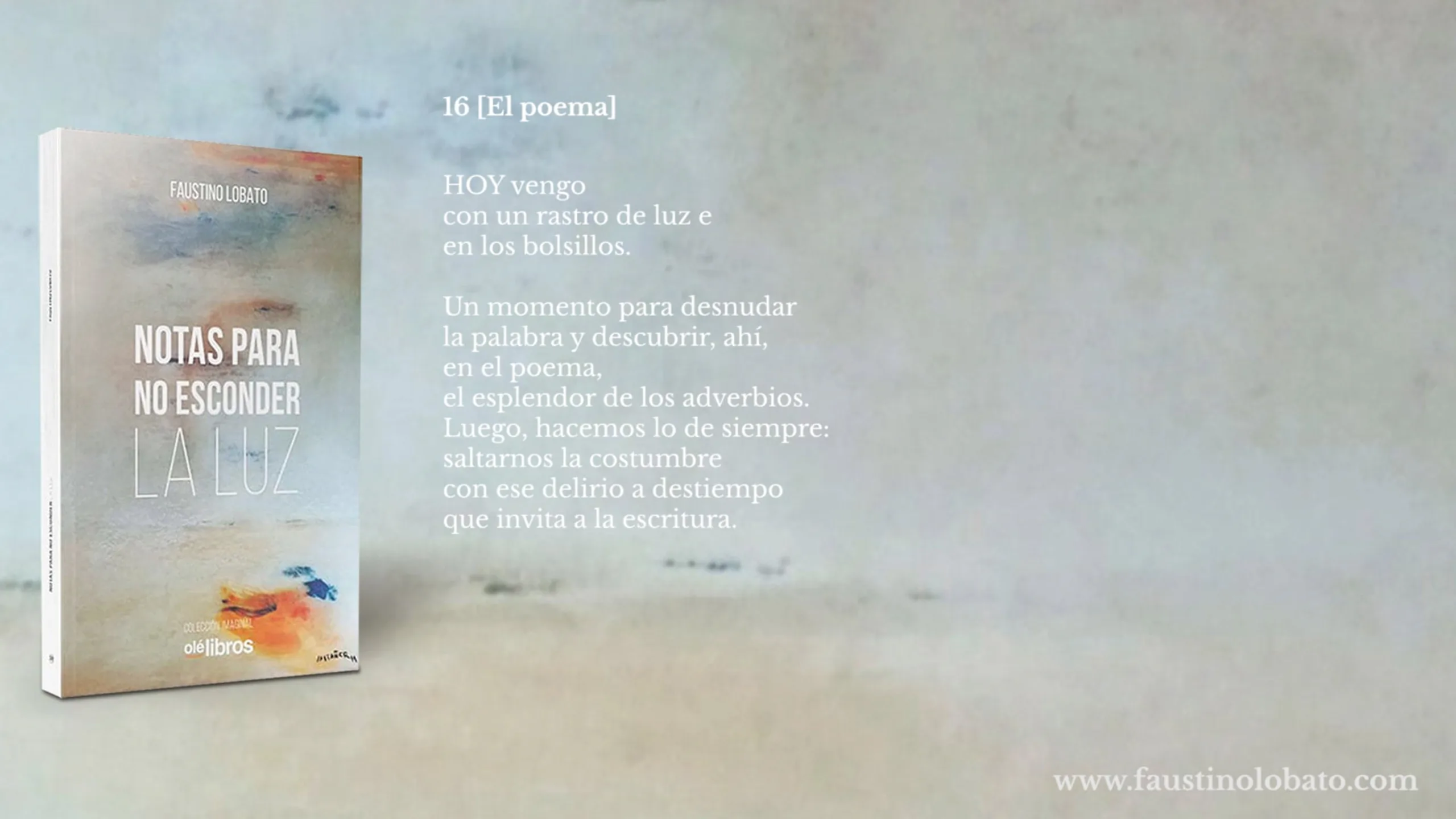 Diapositiva promocional del libro Notas para no esconder la luz con el poema 16 [El poema], junto a la portada del libro