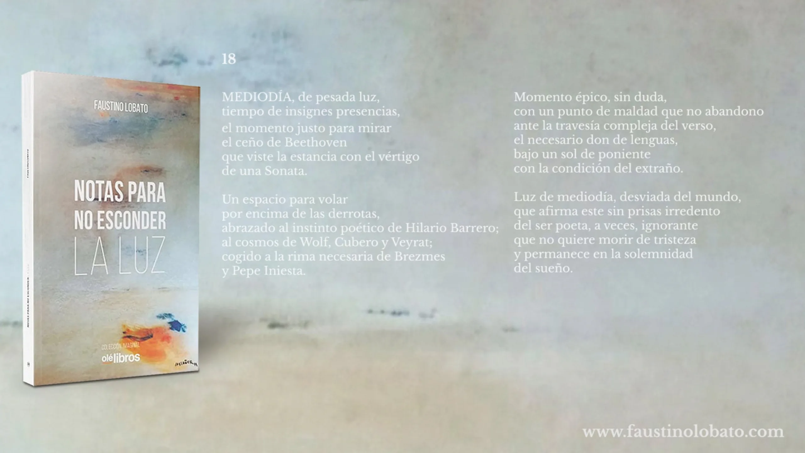 Diapositiva promocional del libro Notas para no esconder la luz con el poema 18, junto a la portada del libro