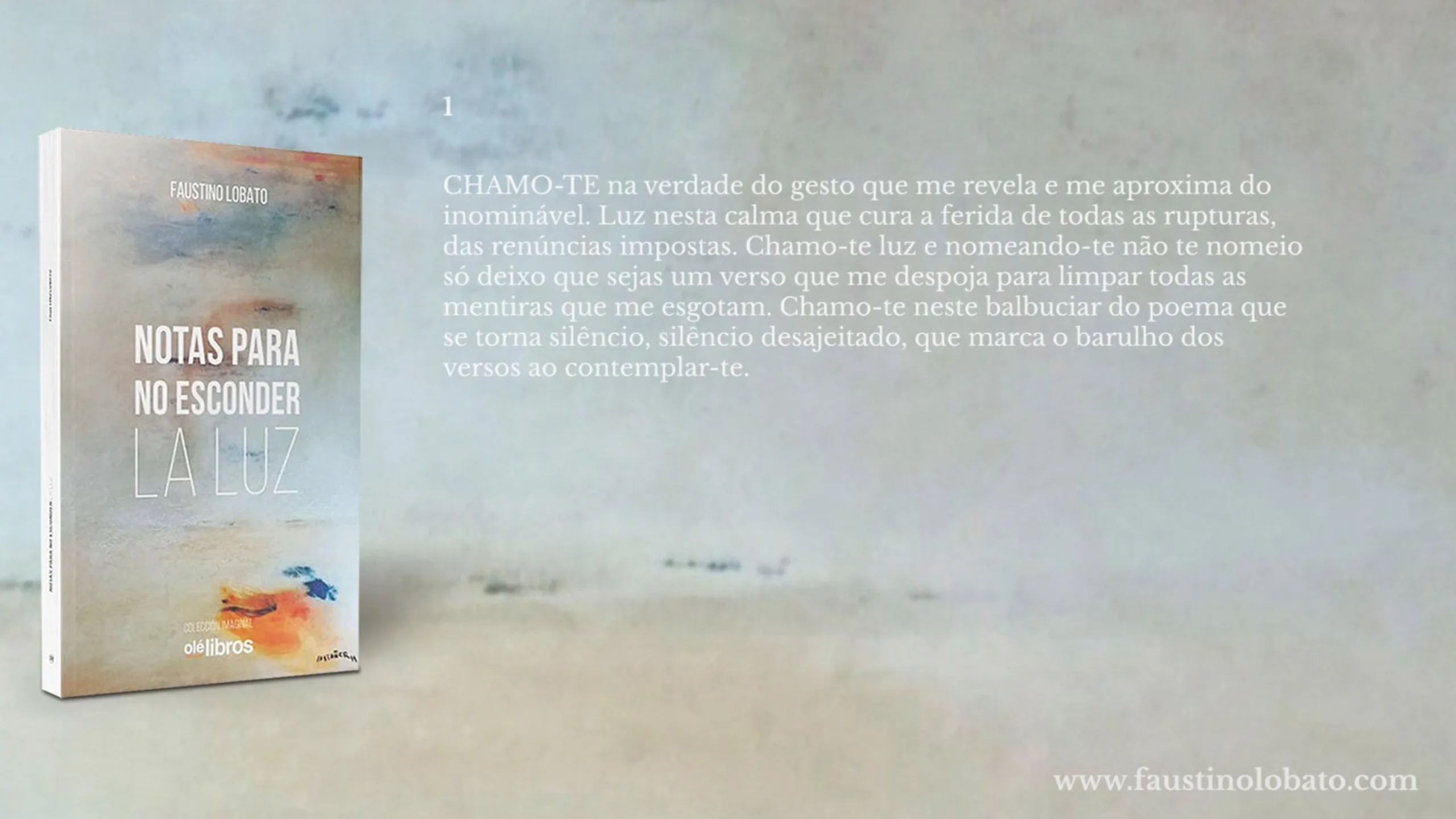 Diapositiva promocional del libro Notas para no esconder la luz con el poema I traducido al portugués, junto a la portada del libro