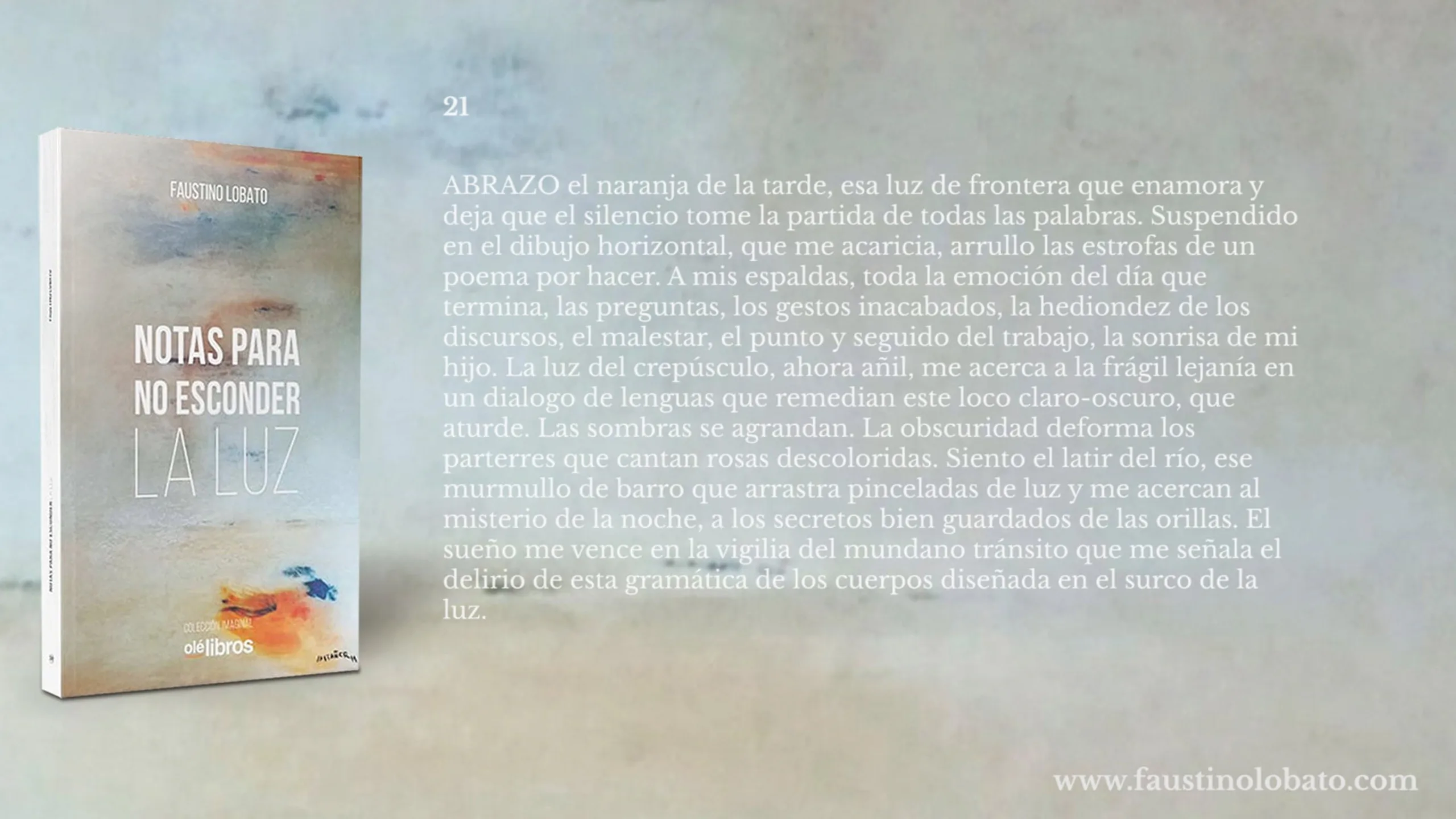 Diapositiva promocional del libro Notas para no esconder la luz con el poema 21, junto a la portada del libro