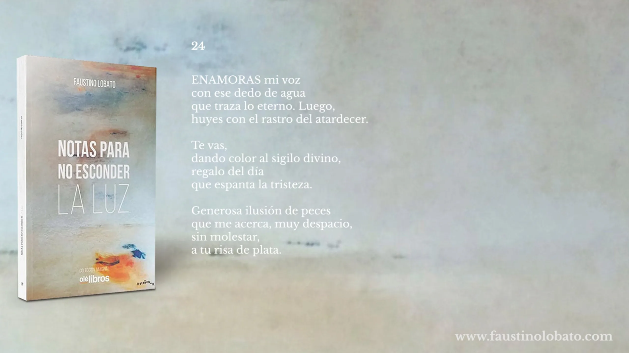 Diapositiva promocional del libro Notas para no esconder la luz con el poema 24, junto a la portada del libro