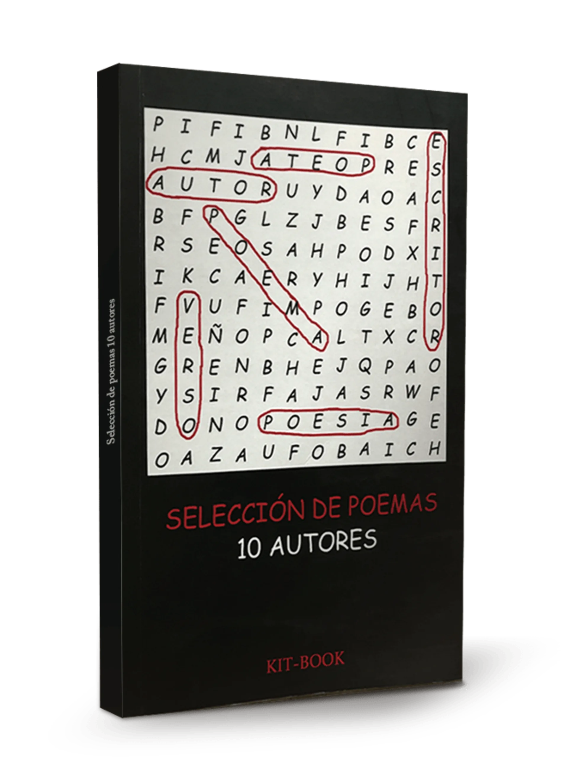Portada del libro Selección de poemas, 10 autores, con una sopa de letras ilustrada