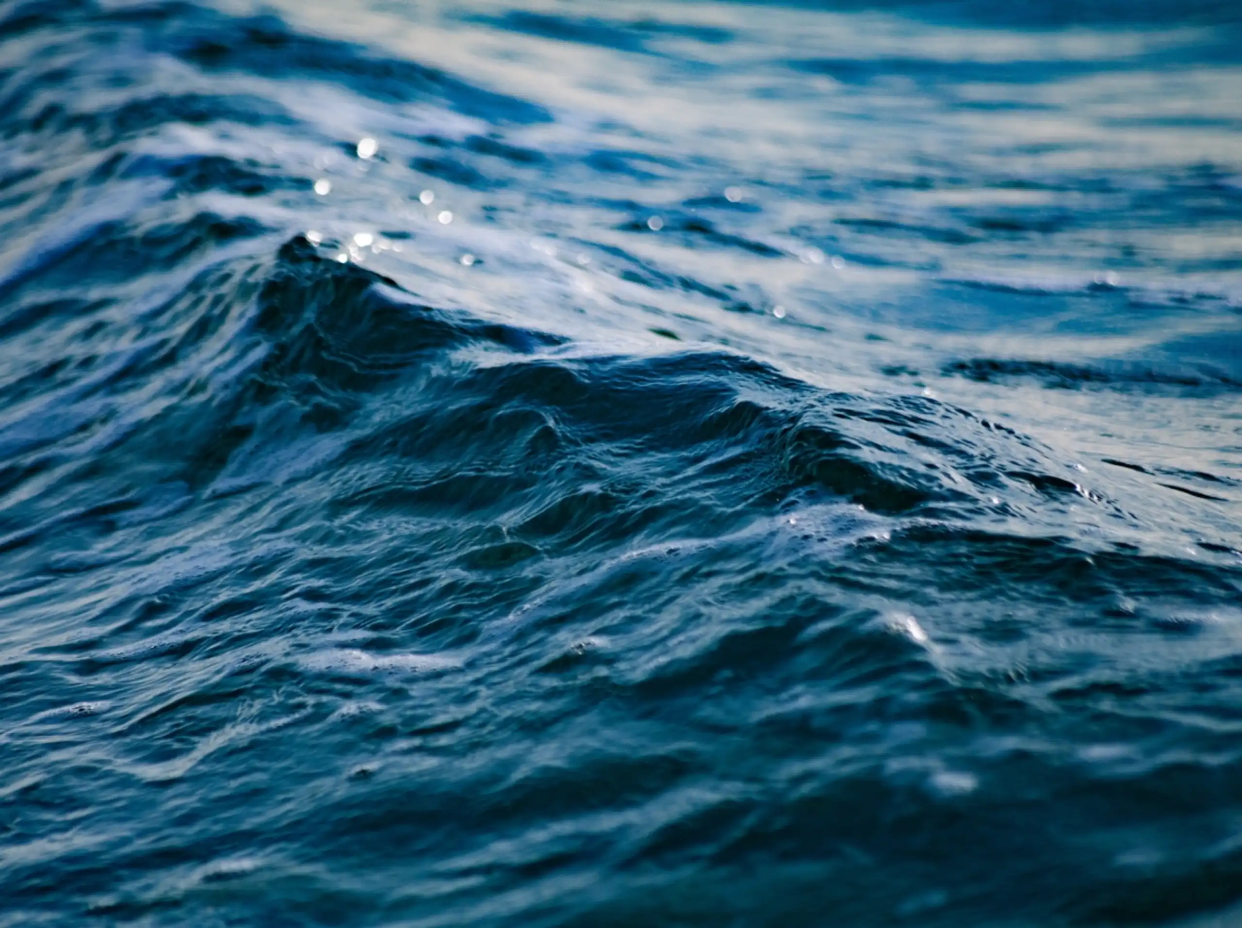 Primer plano de una ola de mar rompiendo, con destellos de luz sobre el agua