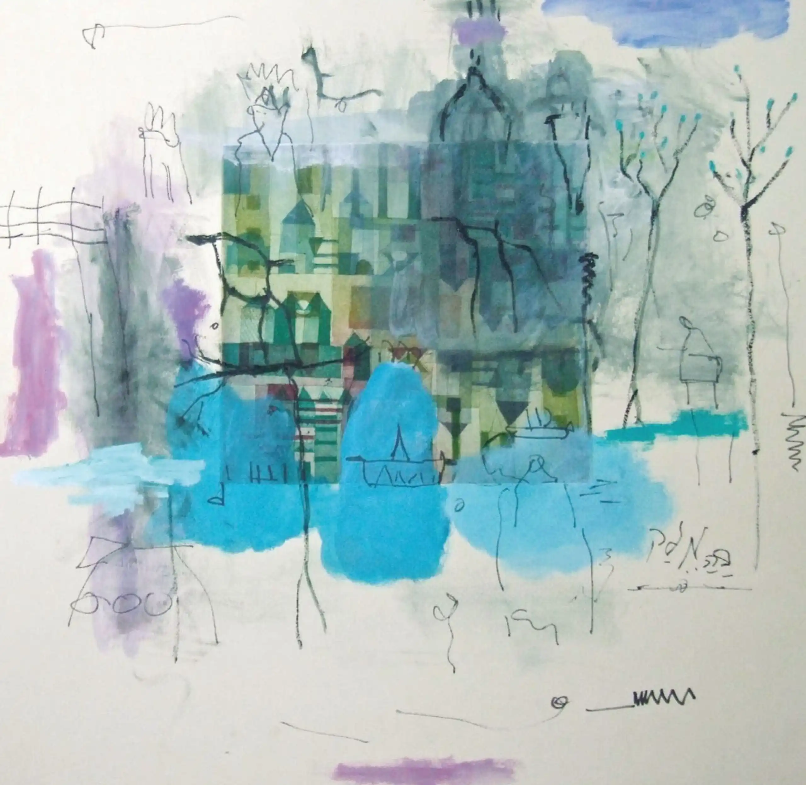 Ilustración abstracta con acuarelas en tonos azules, verdes y morados evocando un paisaje urbano junto al agua, con figuras esquemáticas