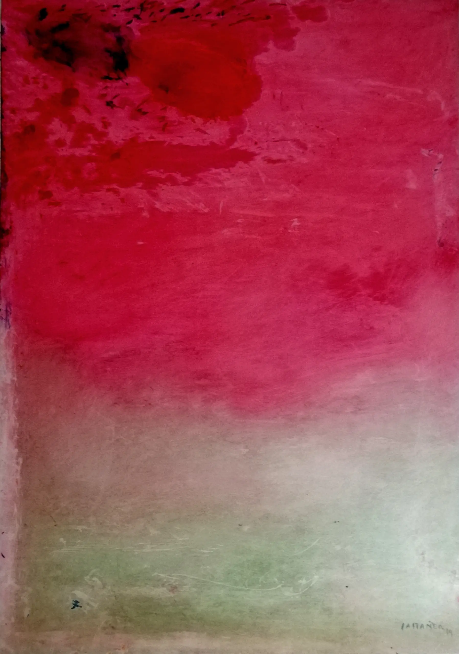Pintura abstracta con un degradado de rojo intenso en la parte superior y verde pálido en la inferior