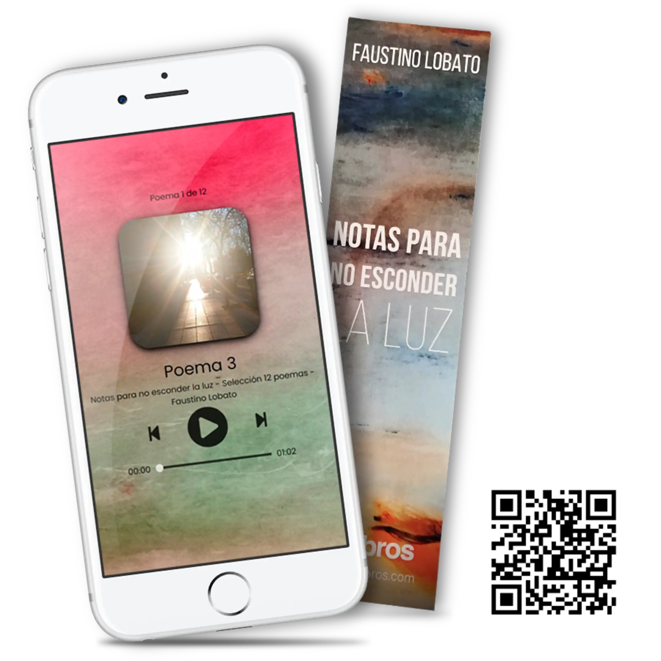 Móvil reproduciendo el audiolibro de Notas para no esconder la luz junto al punto de libro promocional con código QR