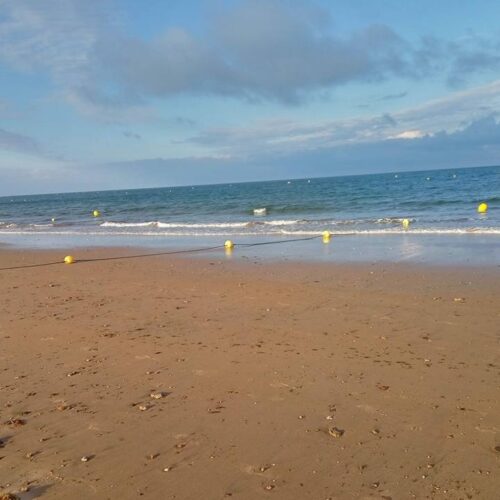 Playa con boyas amarillas flotando en el mar y cielo parcialmente nublado