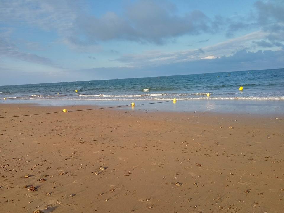 Playa con boyas amarillas flotando en el mar y cielo parcialmente nublado